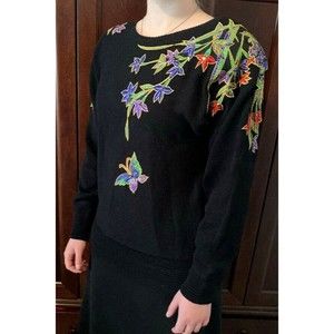 Evening Wear Womens Black Embroidered Sweater w/Shoulder Pads Sz M -26 1/4" Long